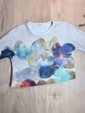 Poetry Printed Cotton Twill Top - Watercolor Abstract Cropped Sweatshirt - US 8
